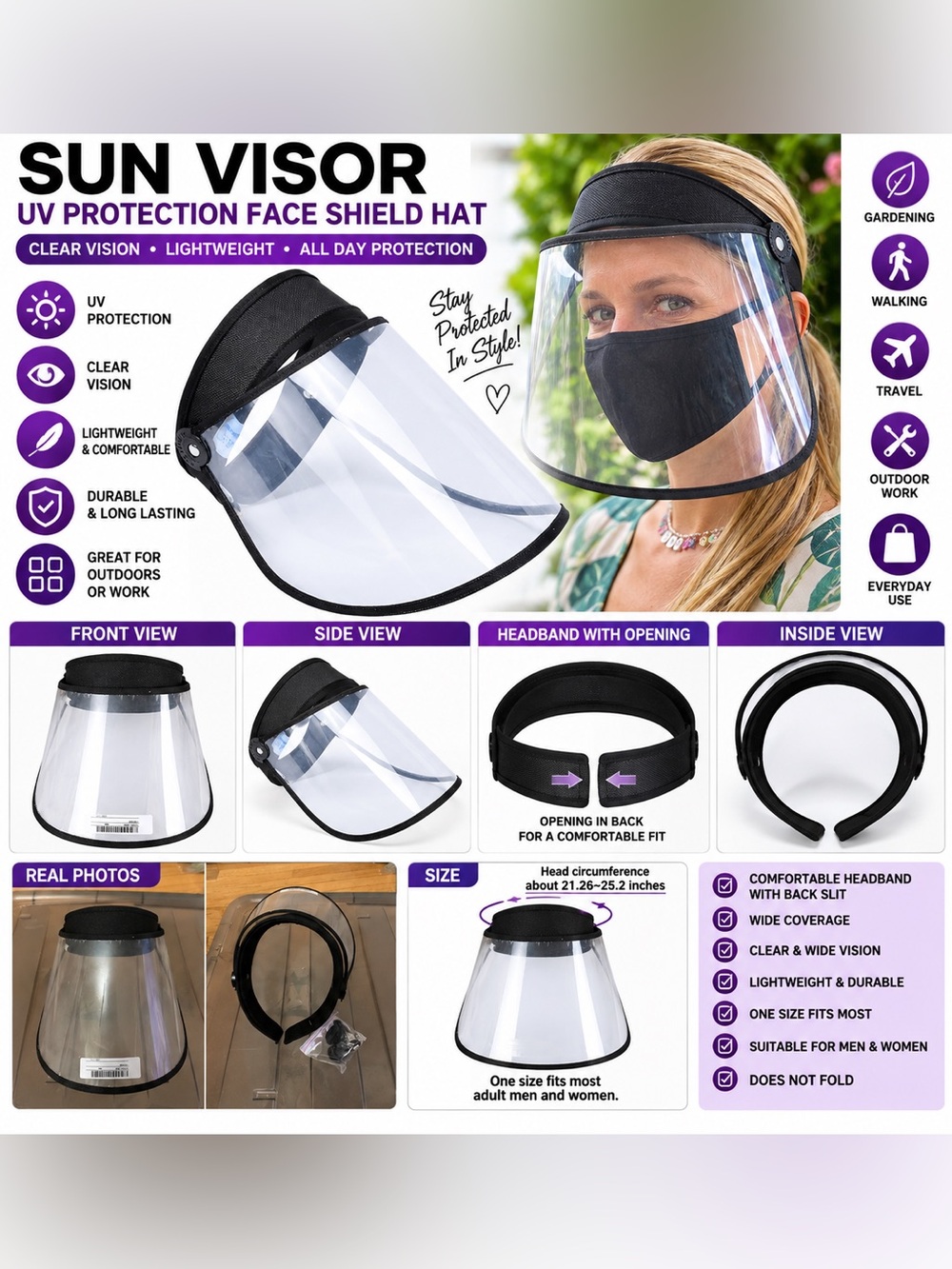 SUN VISOR UV PROTECTION CLEAR FACE SHIELD HAT – ONE SIZE (NEW WITH TAGS) A31